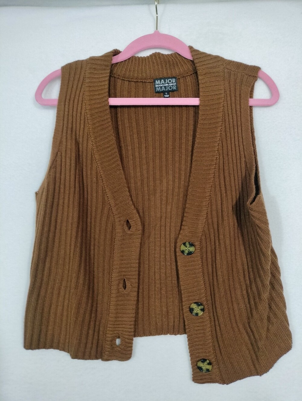 Major Women's Ribbed Button-Front Sleeveless Sweater Vest in Brown